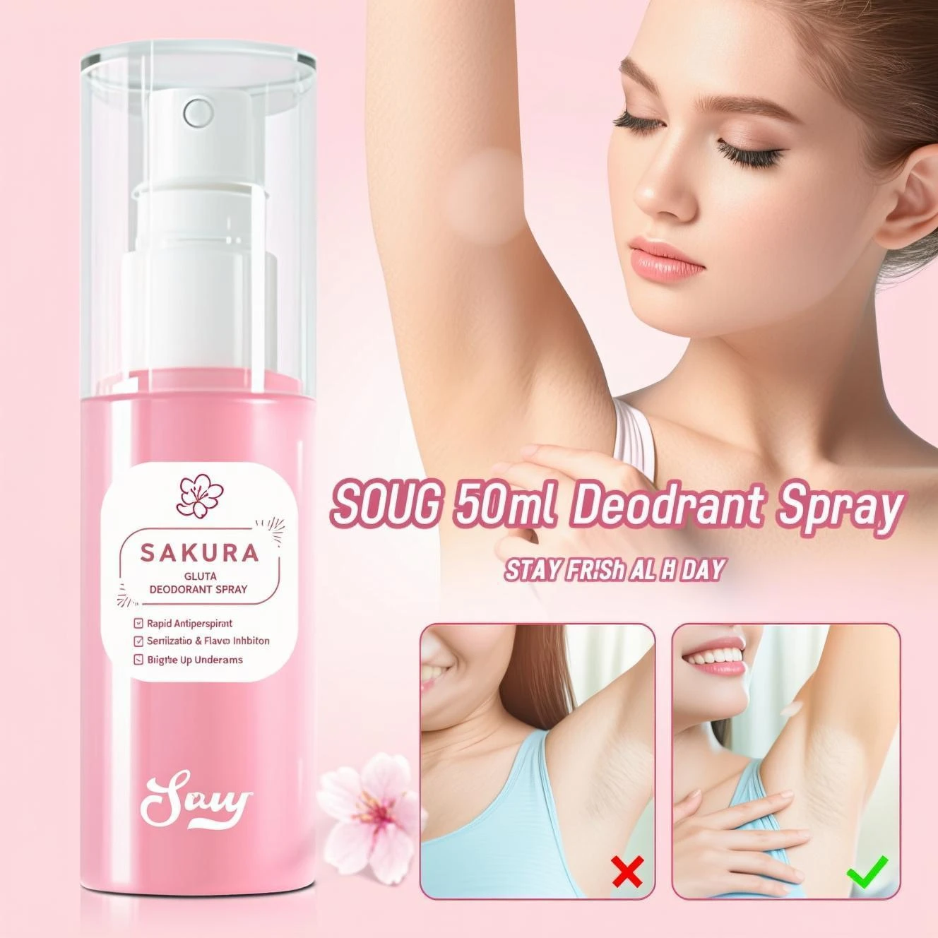 

Sakura Gluta Underarm Deodorant Spray 50ml - Rapid Sweat Odor Control, Skin Brightening & Moisturizing with Niacinamide