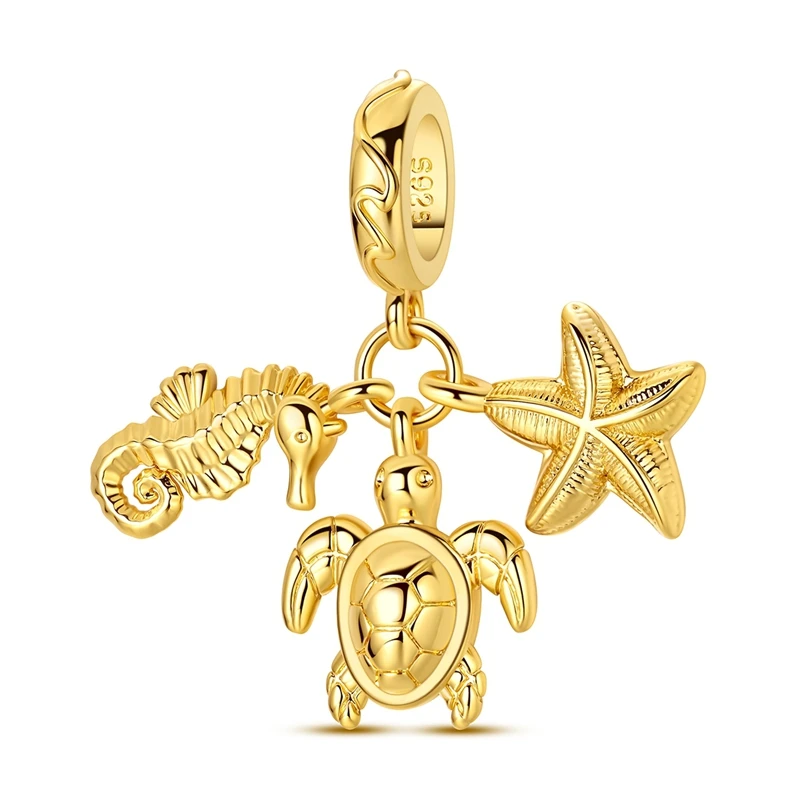 925 Sterling Silber Vergoldete Charms Perle Zirkon Gold Schildkröte Seepferdchen Seestern Anhänger Passend für Original Armband Damen Schmuck Geschenk