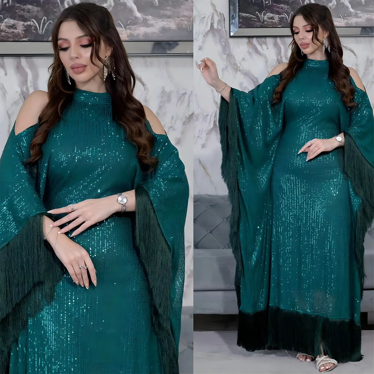 UNI Sequin Tassel Women Abayas 2025 Eid Djellaba Muslim Batwing Sleeve Dress Turkey Kebaya Islam Jalabiya Dubai Kaftan Ramadan