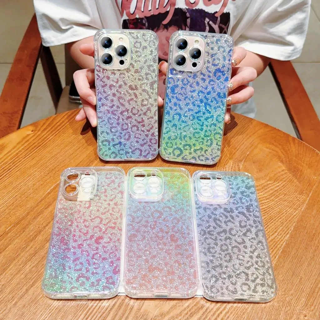 Luxury Leopard Print Phone Case For iPhone 13 14 15 Pro Max 11 12 8 7 Plus iPhone13 Promax XR X XS SE 2 Bling Glitter Back Cover