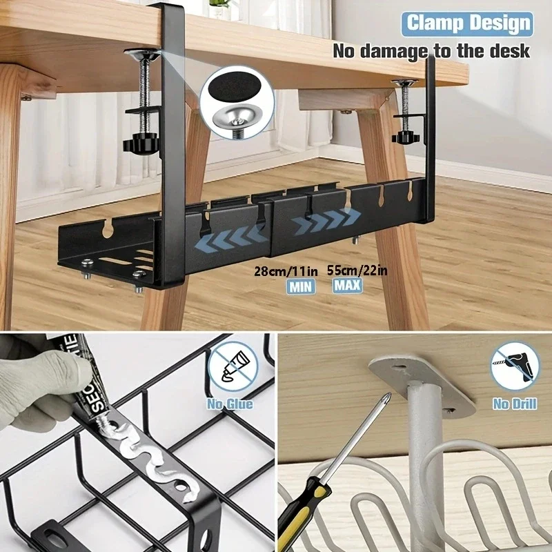 A Retractable Flexible Cable Organizer for Desks A Non Drilled Cable Tray Basket for Wire Management