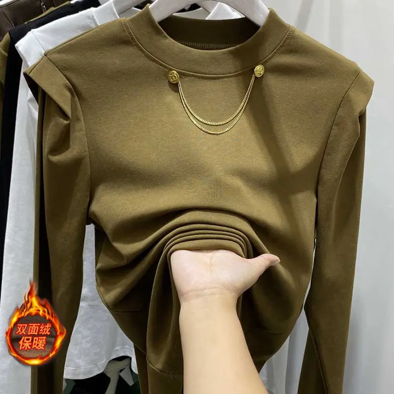 الخريف الألمانية المخملية تي شيرت الوجهين المخملية طويلة الأكمام تصميم تحسس الجولة الرقبة فضفاضة ضئيلة فقاعة الحد الأدنى بلايز عادية #2