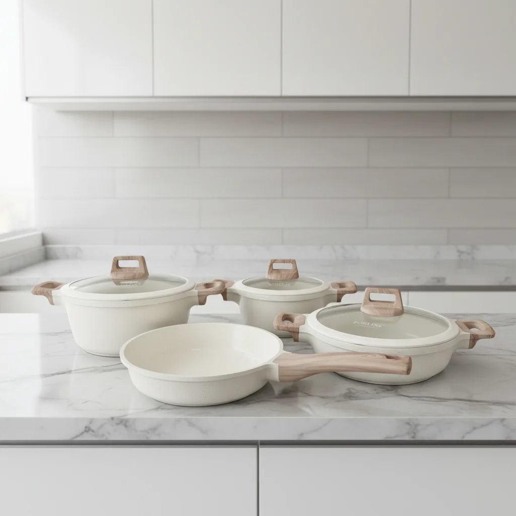 

Beige Marble Modern Kitchen Cookware Set Casserole Aluminium Sauce Pan Durable Eco-Friendly Non-Stick Healthy Oven Safe 7-Piece