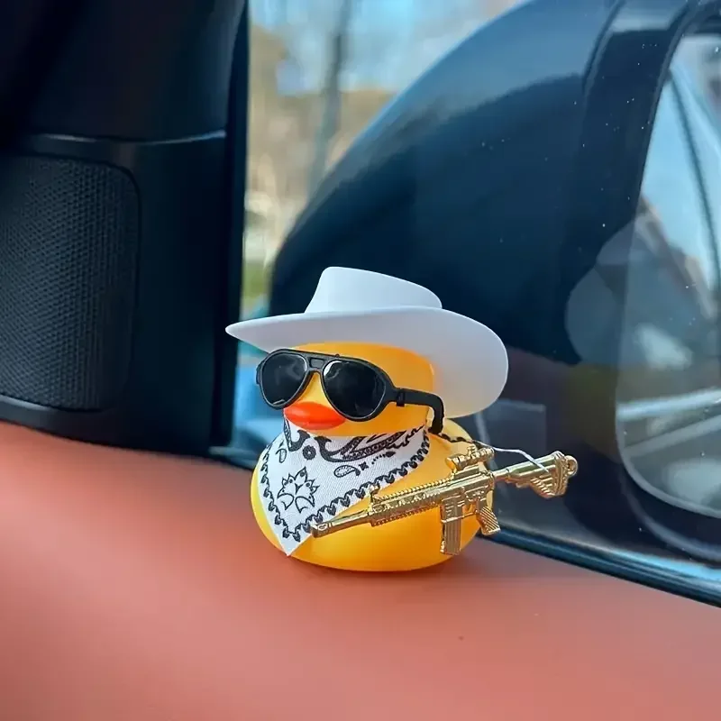 A Rubber Duck Car Ornament with a Cowboy Hat, Glasses, Gold Ak-47 Necklace,Interior Decoration of The Vehicle,Car Ornament Set