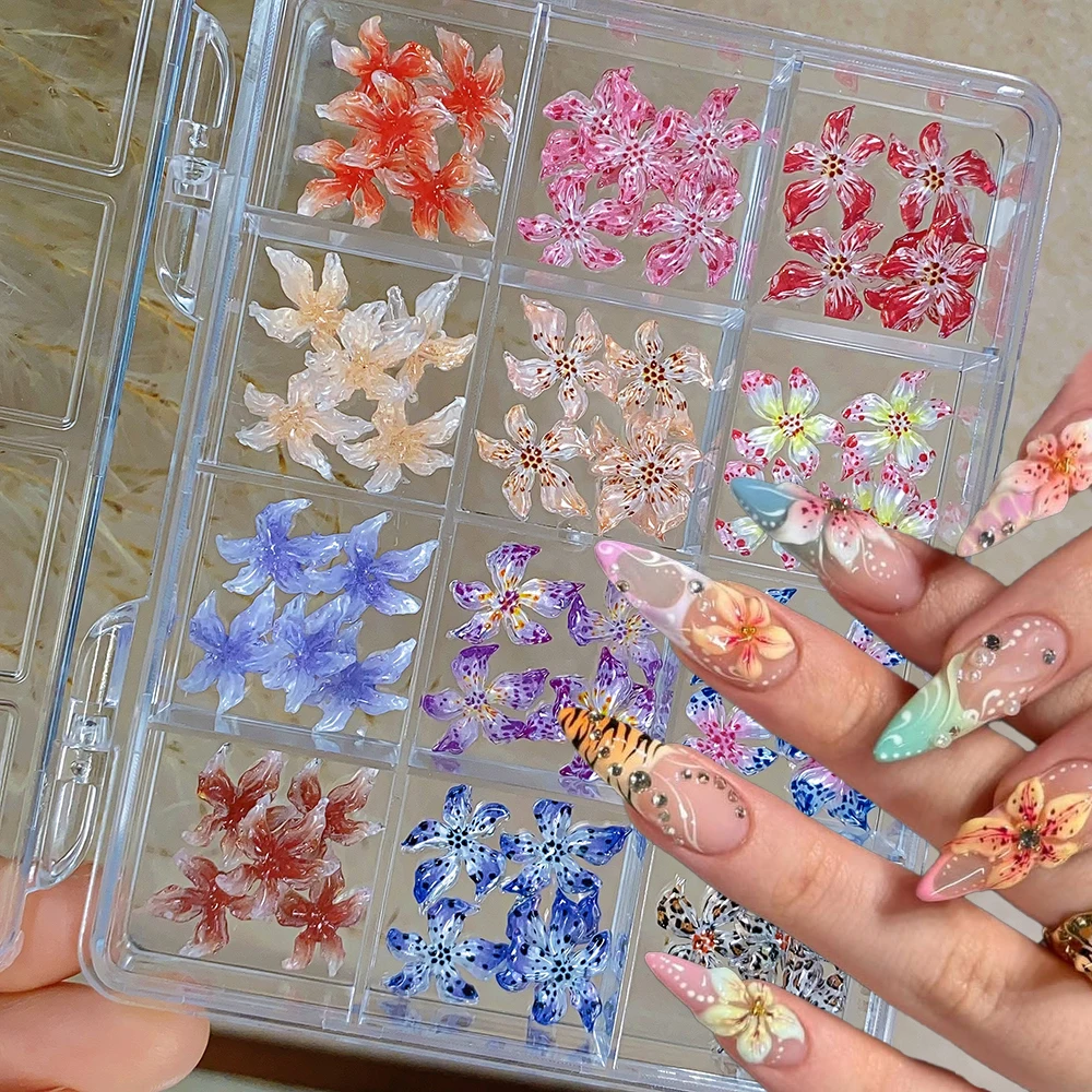 

12Grids Crystal Soft Sculpture Lily Nail Charms 3D Gradient Resin Lily Flower Nail Rhinestones for Crafts Nails Decoration Parts