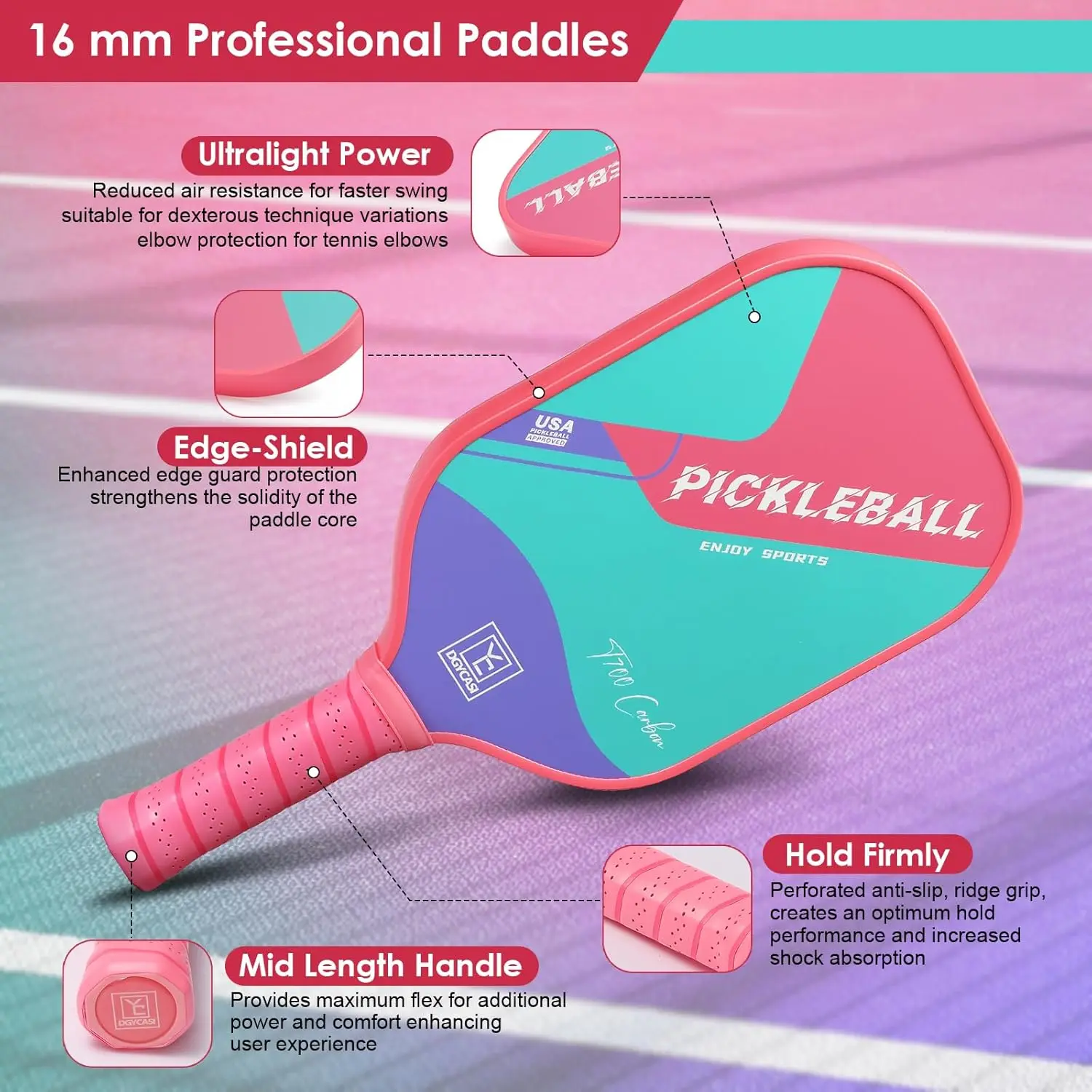 Pickleball Paddles Professional, USAPA Approved, T700 Carbon Fiber Pickleball Paddle Thermoformed, High Grit & Spin, 5.5” Elonga