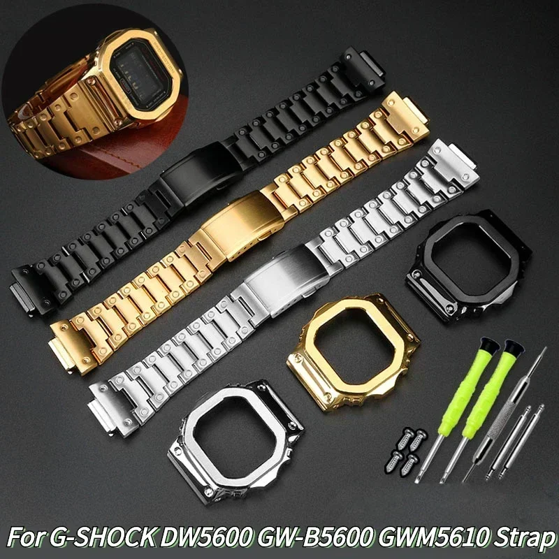 Modified Suit Watchband for Casio G-SHOCK DW5600 GW-B5600 GWM5610 Stainless Steel Metal Bezel Watch Case + Strap Repair Tool