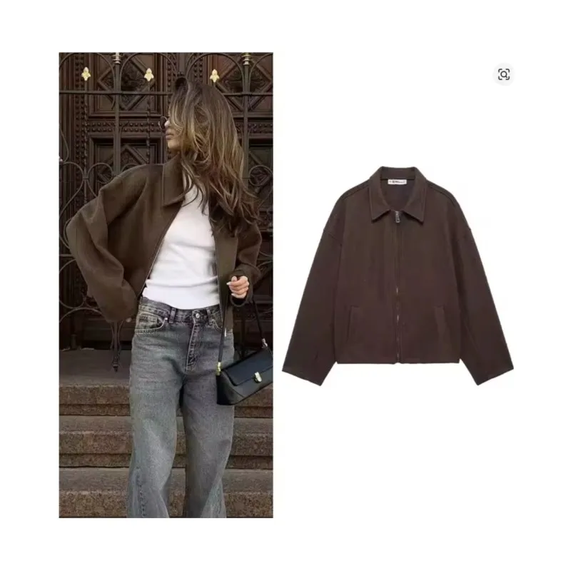 

Women's retro autumn women's street jacket women's brown zipper wool jacket women's elegant lapel long sleeved short jacket