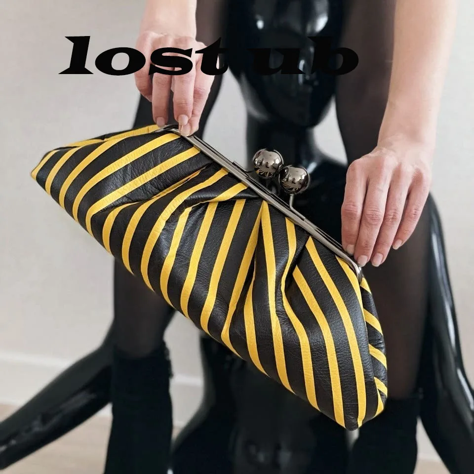 Lost in Vintage Cotton Stripes Black Yellow Leather 40x16x15cm Big Ball Kiss Lock Clutch Frame Purse Large Handlebag