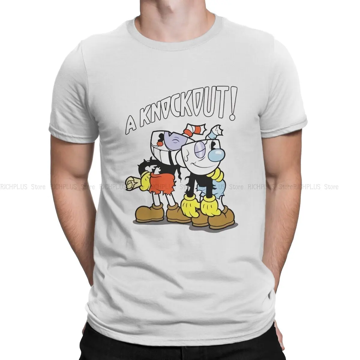 Vintage Retro Men TShirt Cuphead Mugman Game O Neck Short Sleeve T Shirt Humor Gift Idea