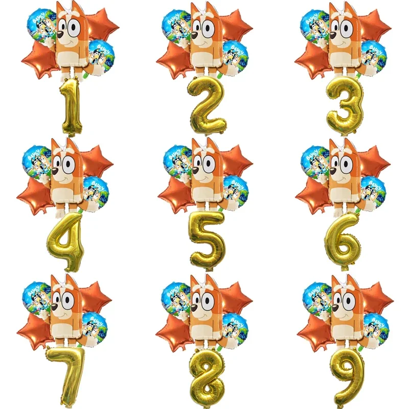 Cartoon 6piece Set Bluey Bingo Birthday Decoration Balloons Cute Foil Balloons Number Balloon Set Party Decoration Props Gift