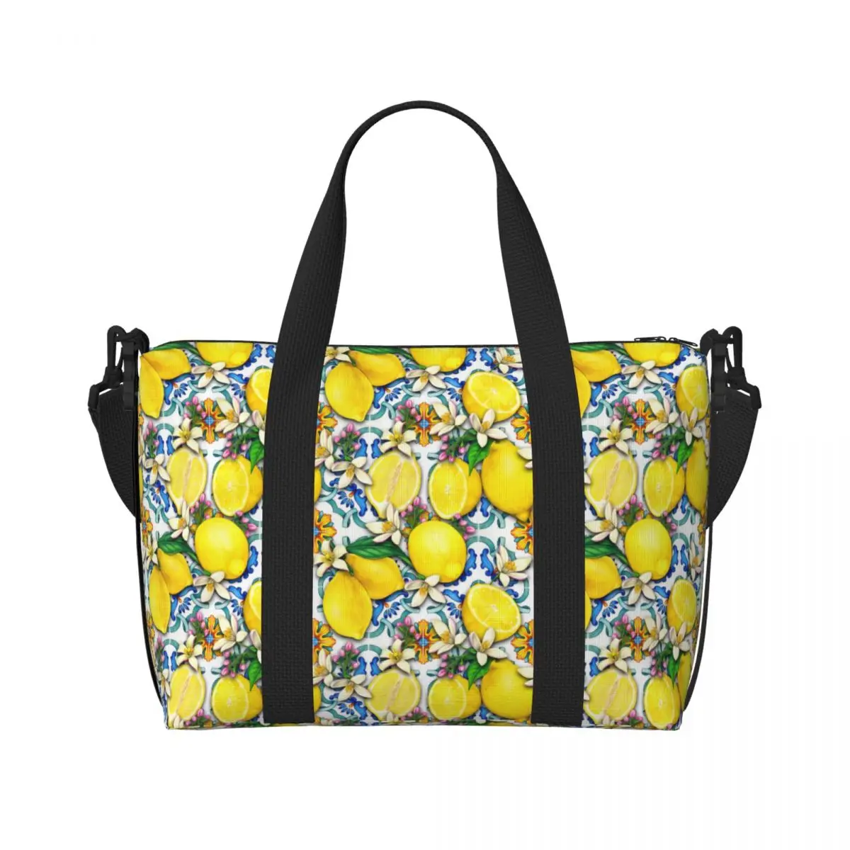 Custom Large Mediterranean Lemons Tiles Tote Bag for Women Shopper Shoulder Beach Gym Travel Bag