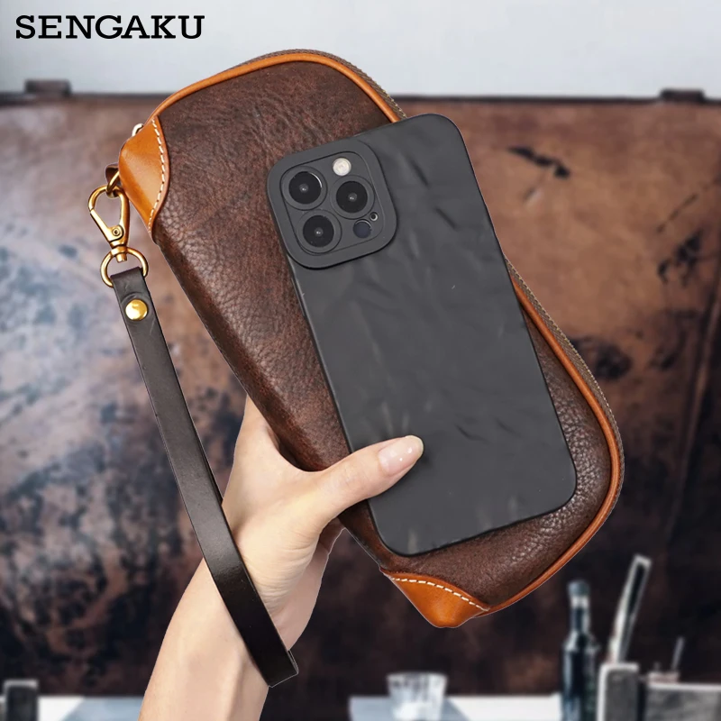 Luxury Genuine Leather Men Clutch Bag Handmade Real Cowhie Phone Card Holder Wallet Portable Organizer Male Handbag