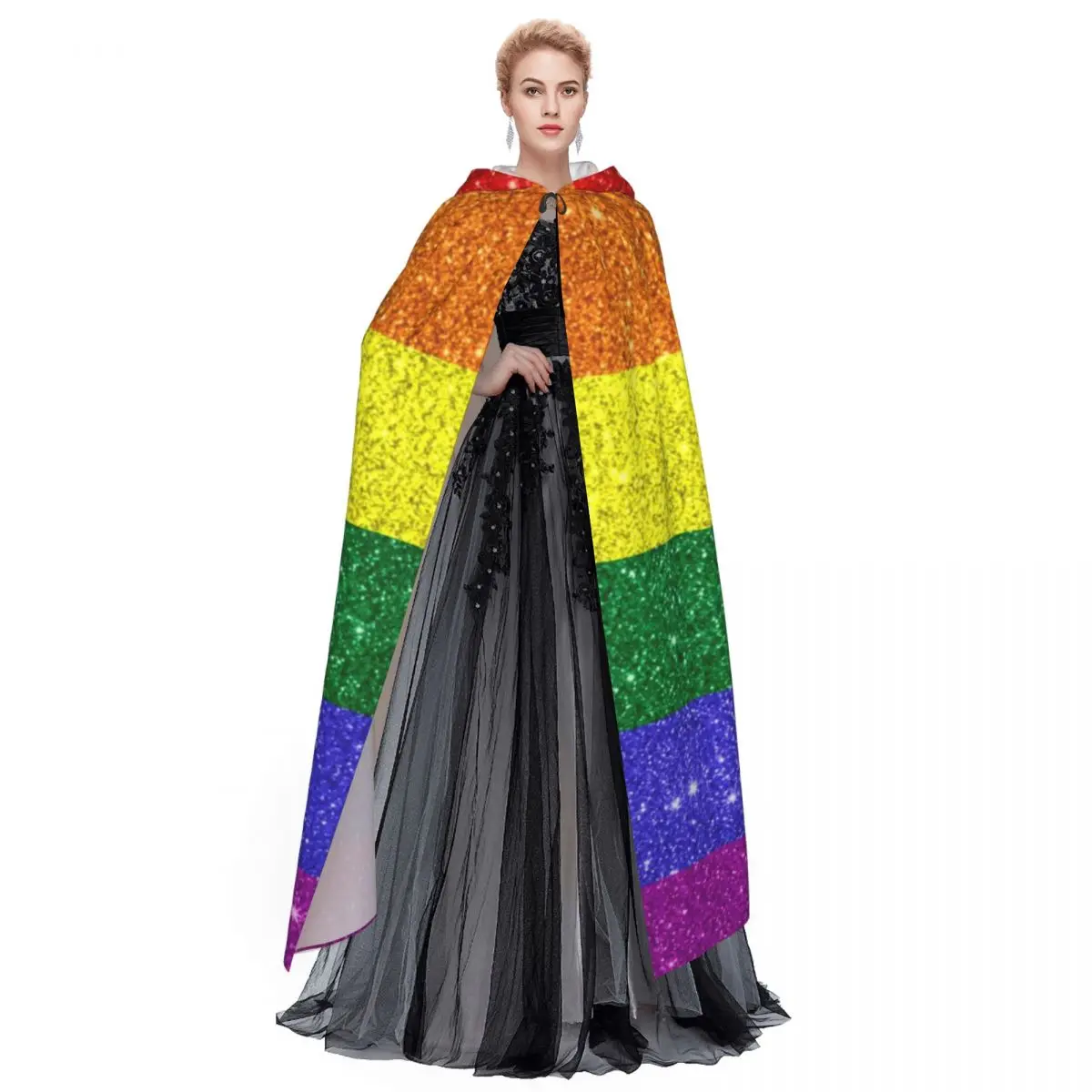 Cape de Sorcière Unisexe à Capuche en Polyester, Accessoire de Costume, Sensation de Fierté Arc-en-ciel à Paillettes