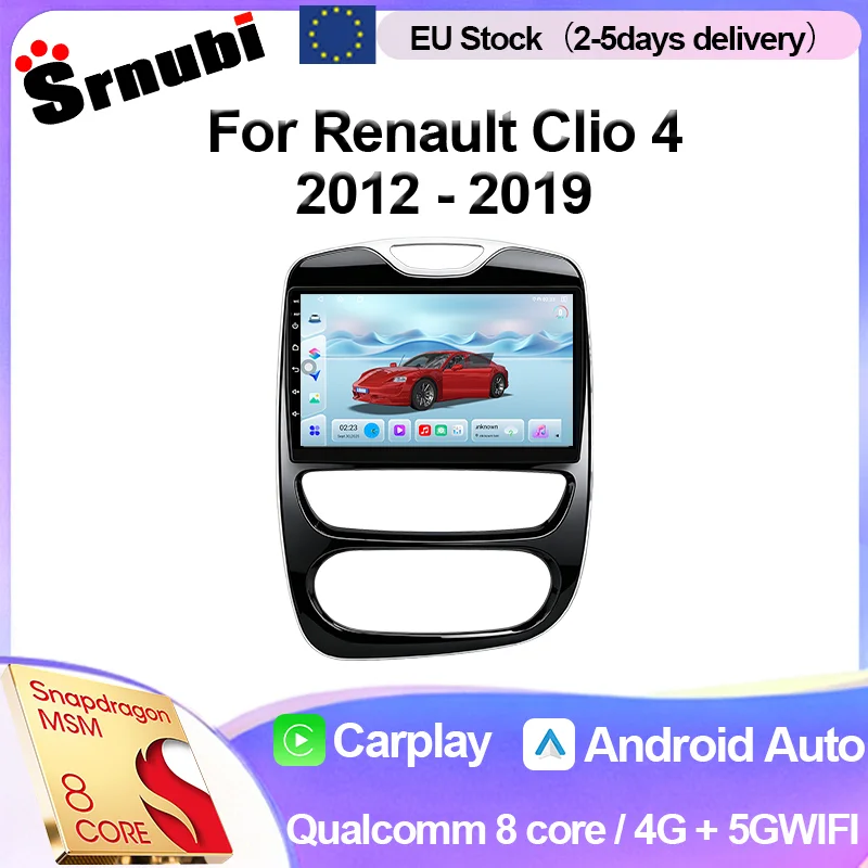 Radio estéreo para automóvil Srnubi 2Din, compatible con Renault Clio 4, modelo 2012-2019, con chip Qualcomm Snapdragon 6125, conectividad inalámbrica CarPlay y Android Auto, reproductor multimedia de video, sistema de navegación GPS y pantalla táctil.