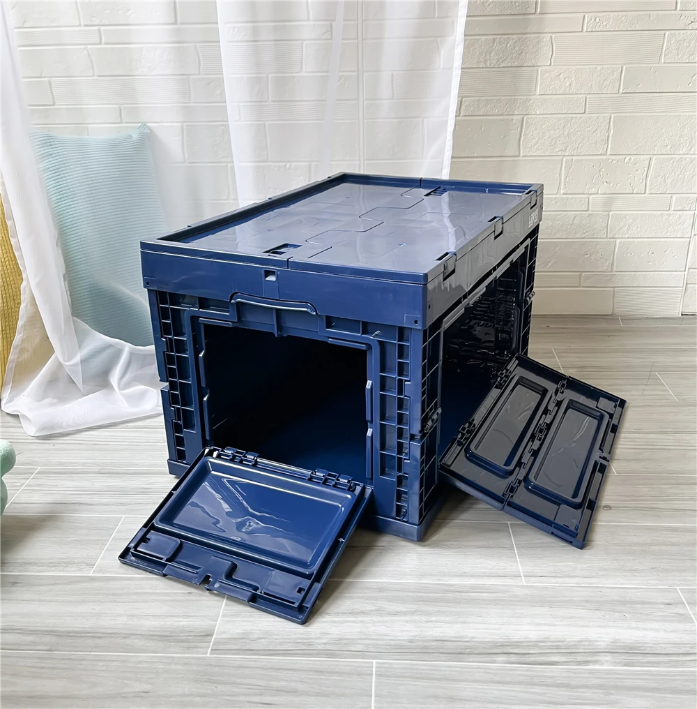 Promocja: Składany pojemnik 65L w kolorze granatowym, plastikowy, składany kosz do przechowywania z otwieraną przednią klapą, idealny na kemping i do domu.