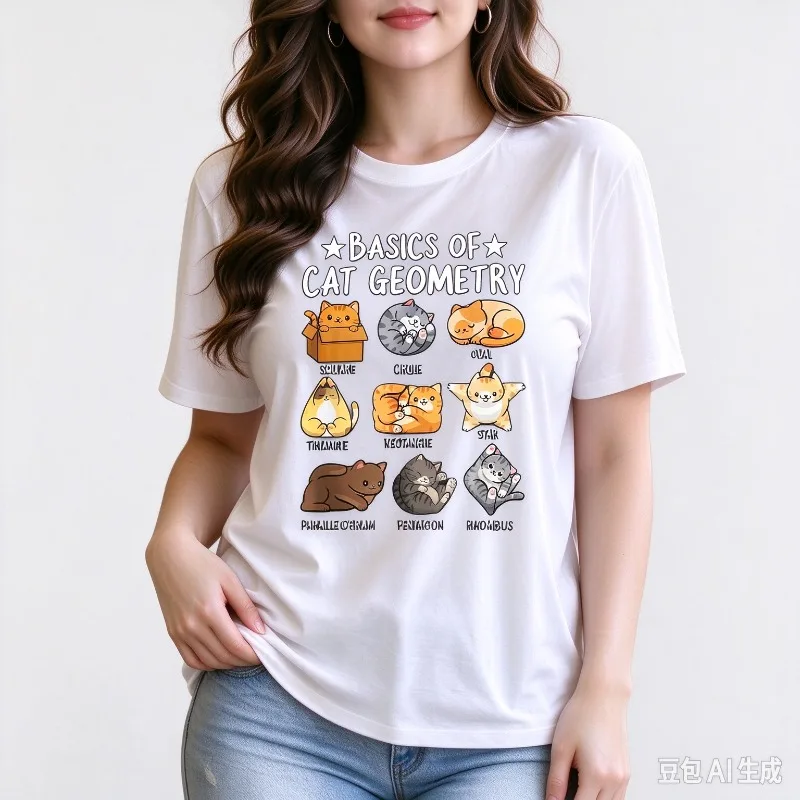 BASICS OF CAT GEOMETRY Print T-Shirt Women Casual Short Sleeve Modal Tee Top Cat Lover Math Funny Gift Shirt Trendy Aesthetic