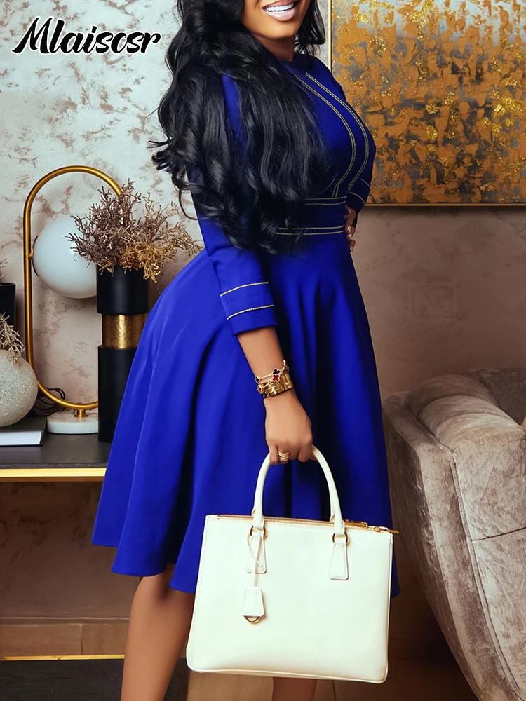 

Mlaiscsr African Elegant Blue Dress for Women O Neck 3/4 Sleeve Pleated A Line Midi Dresses Female Evening Party Birthday Robe