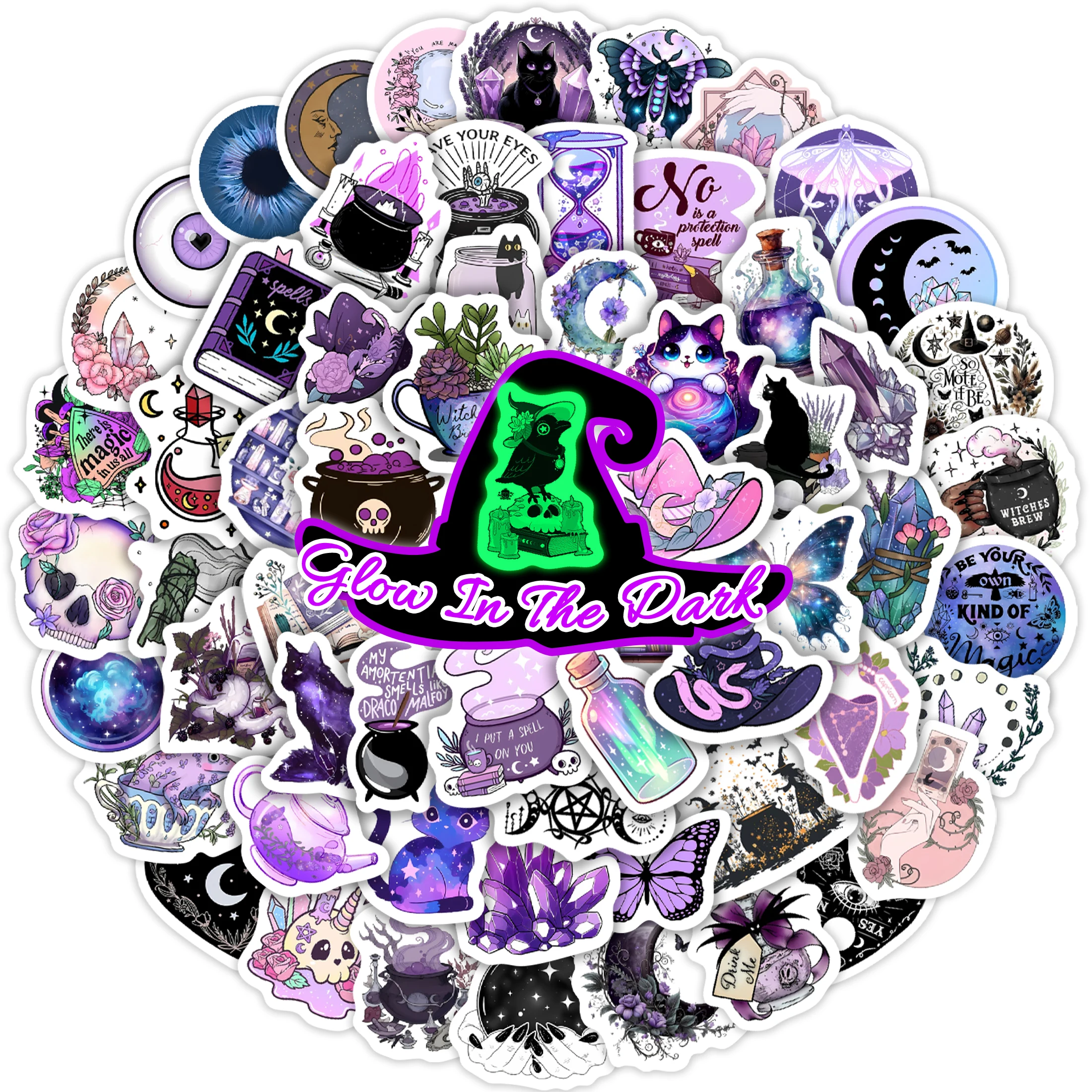 60 pegatinas para botellas de agua de bruja que brillan en la oscuridad para niños, pegatinas estéticas para portátiles de adultos de magia púrpura, vinilo impermeable