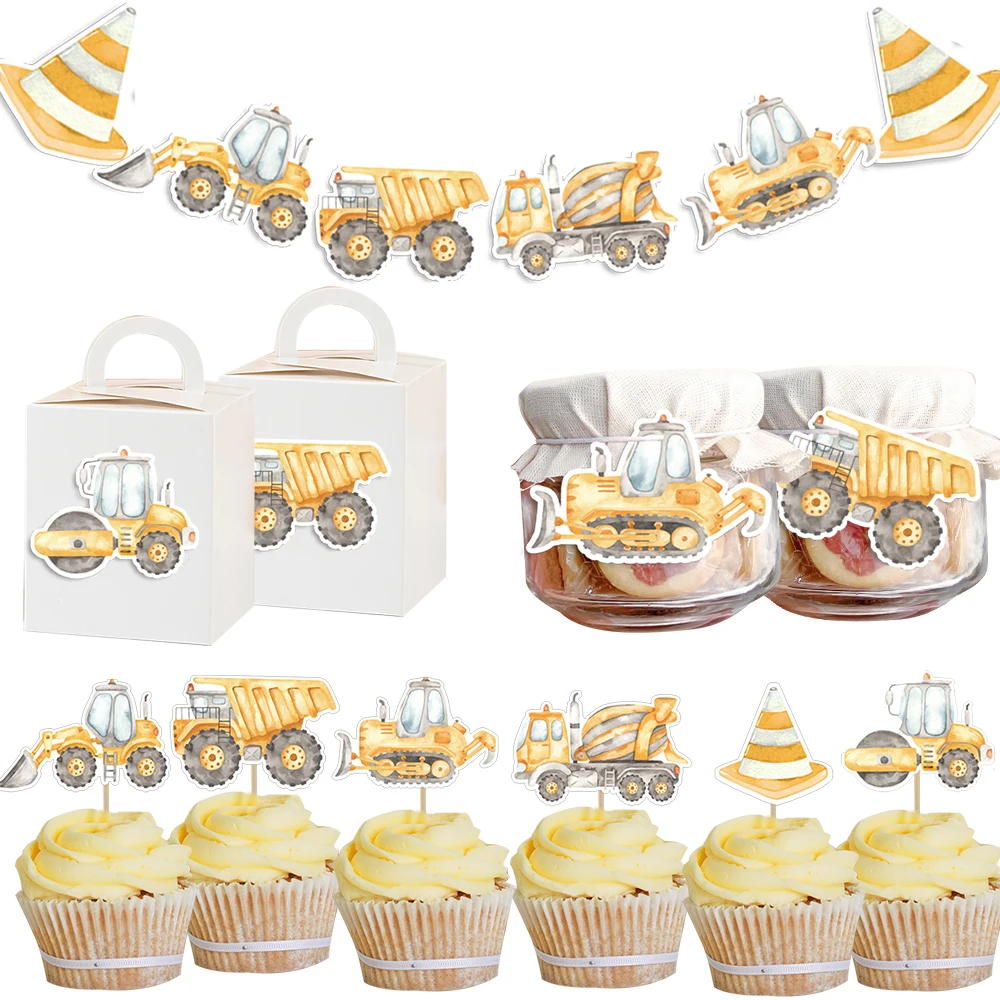 1set Carton Construction Vehicle Cake Toppers Watercolor Stickers Labels for Boys Construction Birthday Party Decoration Supply