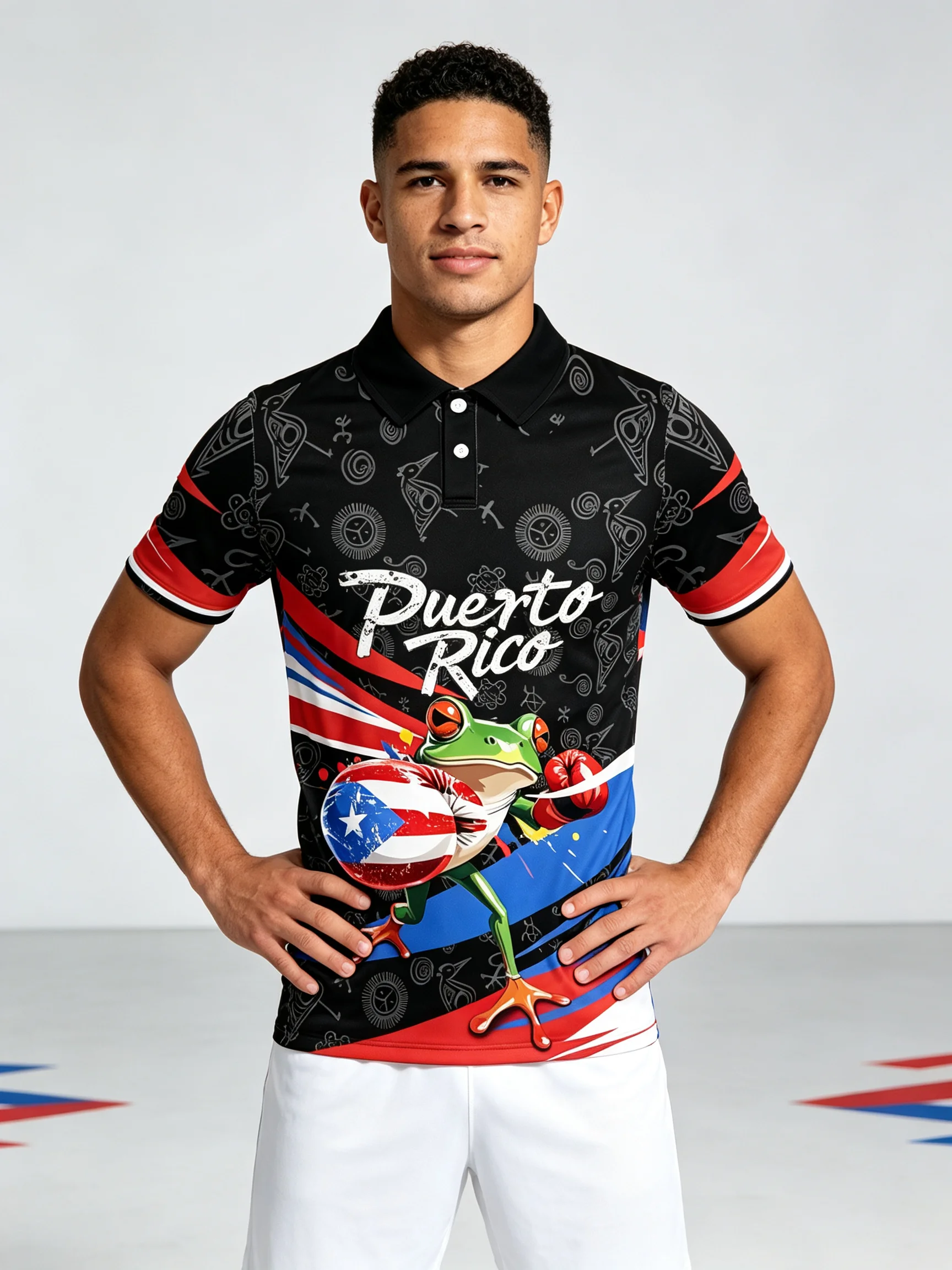 2026 Puerto‑Rico football polo jersey, boxing‑style coqui frog with flag gloves, tribal print and quick‑dry breathable fabric