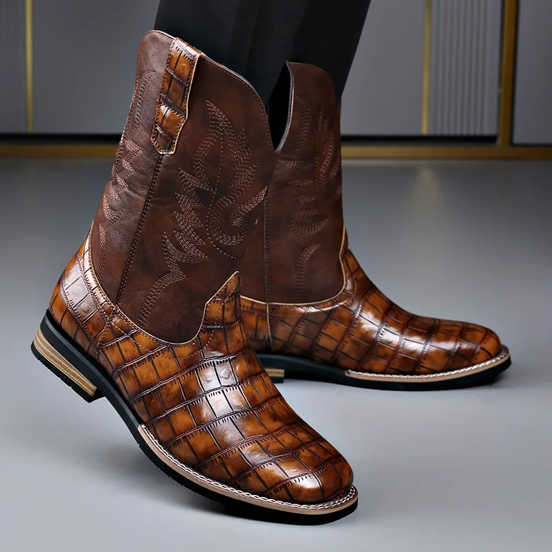 Leer Mode Casual Cowboylaarzen voor Mannen Herfst Winter Nieuwe Designer Steen Patroon Chelsea Laarzen Mannelijke Retro Designer Schoenen Man