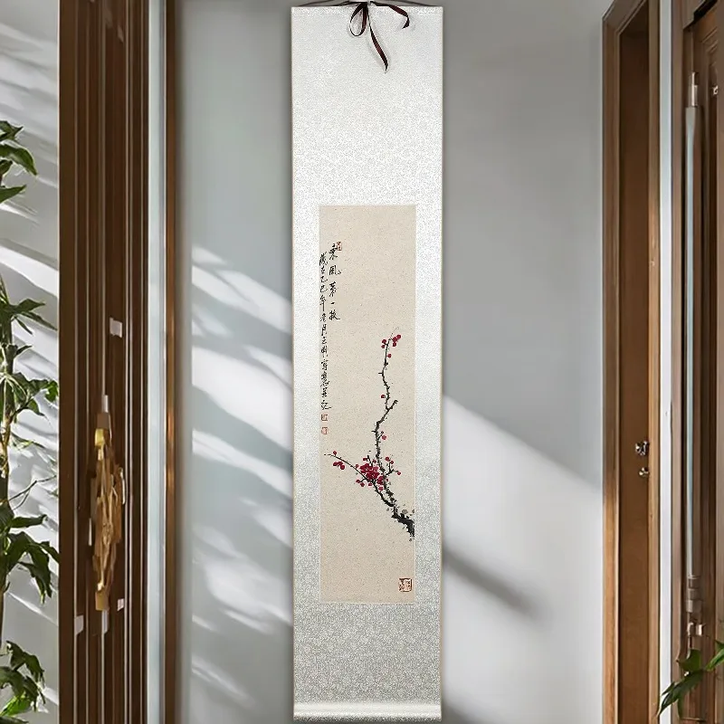 Hand-drawn Chinese plum ink scroll, minimalist Zen wall adornment for multiple indoor spaces