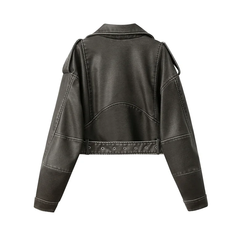 Blouson en cuir délavé avec ceinture pour femme, manteau court avec fermeture éclair dégradée et veste à revers vintage, New Stones Graysty le, 2024