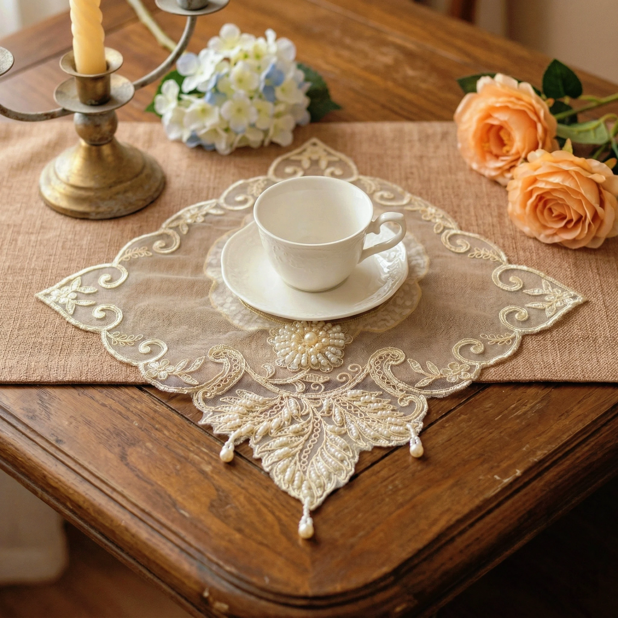 2pcs Placemat Set Dining Table Lace Square Placemat Linen Dining Mat Decorative Coaster Bedside Table Cover Rustic Wedding Decor view 5