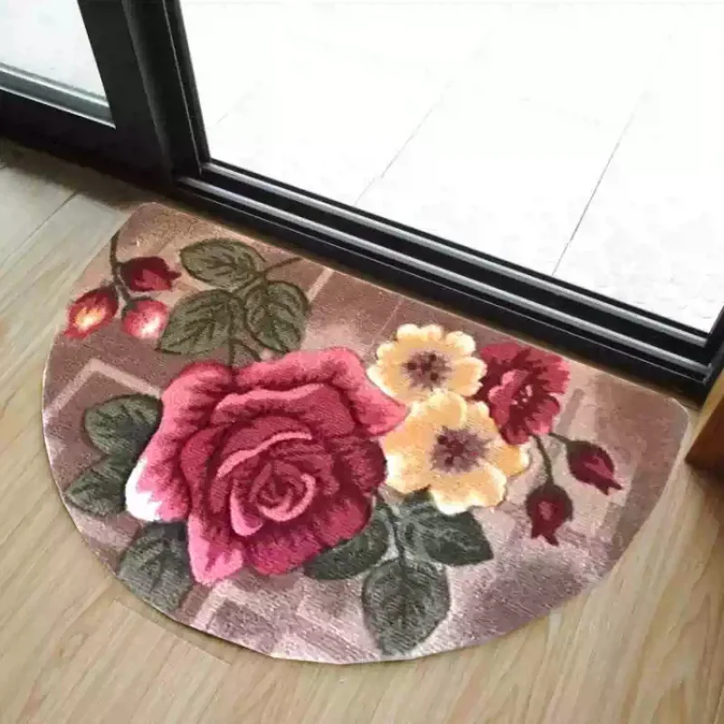 VIKAMA Retro 3D Rose Semi Circle Doormat Soft Non-Slip Welcome Mat Washable Entrance Rug for Bedroom Living Room Home Decor