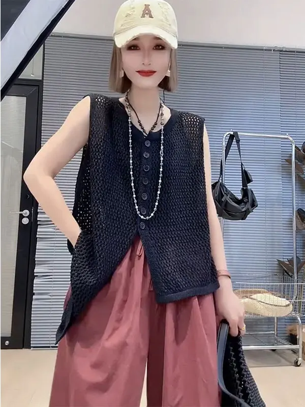 Fashionable Sleeveless Knitted Vest Women's Summer New Hollow out Layering Top Irregular Length Unique Style Outerwear