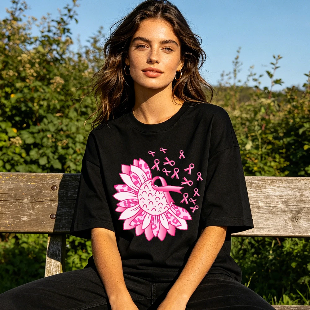 Leopard-Sonnenblumen-Muster mit rosa Schleifen, Grafik-T-Shirt für Damen, Sommer, Brustkrebs-Bewusstsein, Retro-Blumenmuster, lässig, kurzärmelig