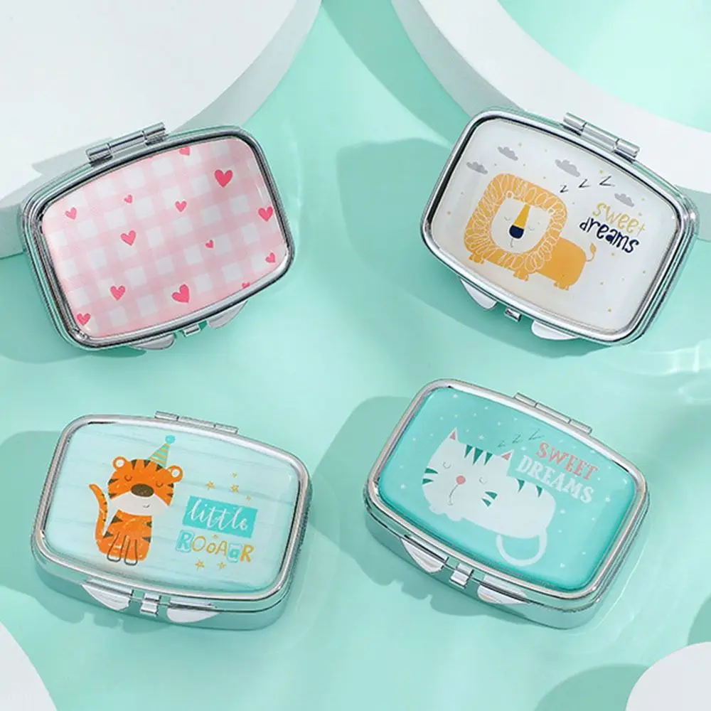 Square with HD Mirror Cartoon Animals Jewelry Box Cute Waterproof Mini Pill Case 2 Grid Kawaii Storage Box Travel