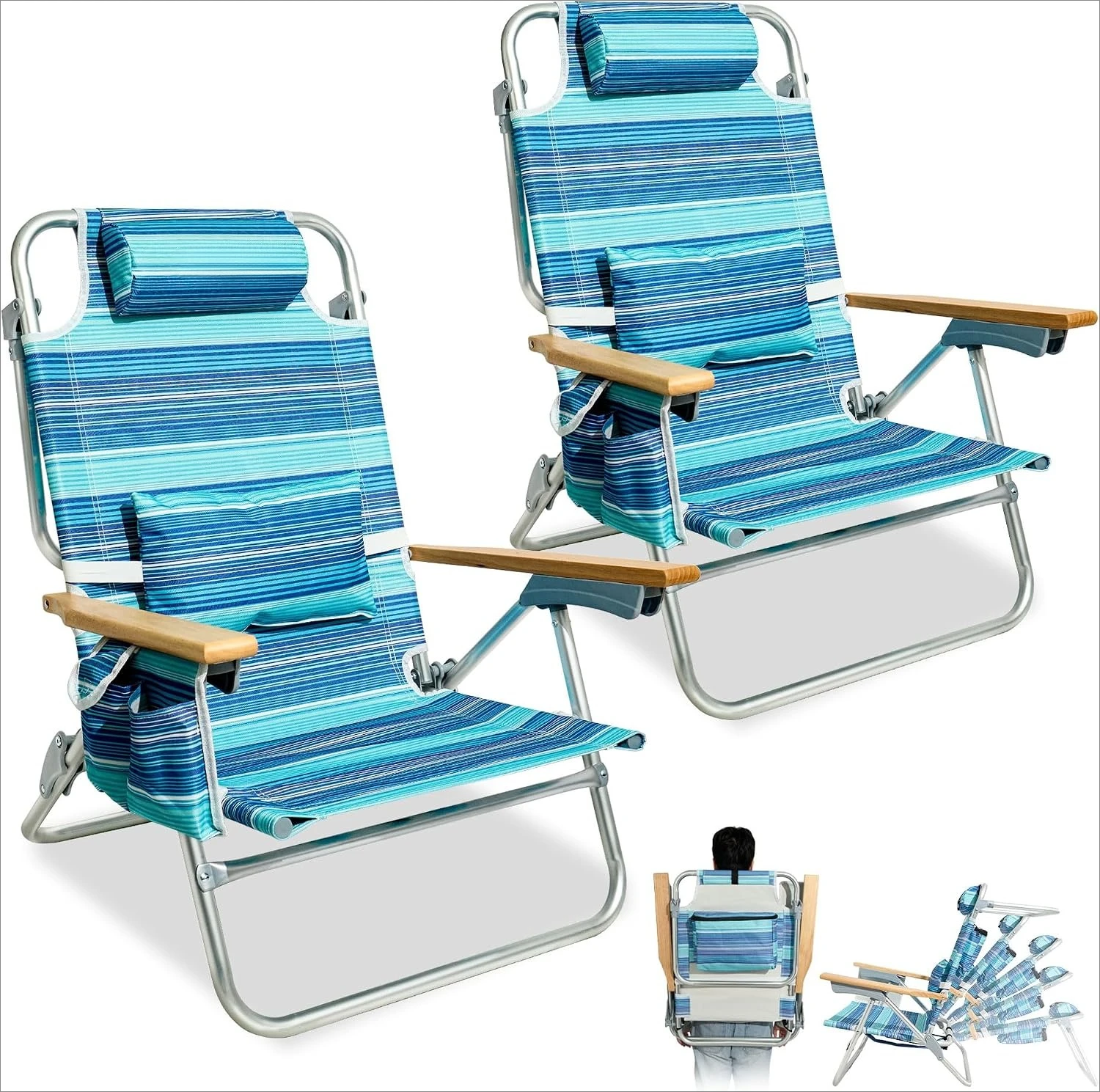 Beach Chairs For Adults 2 Pack Portable Folding Backpack Beach Chair Heavy Duty 5 Position Lay Flat With Cooler Bag Cup Holder For Outdoor Lawn Camping