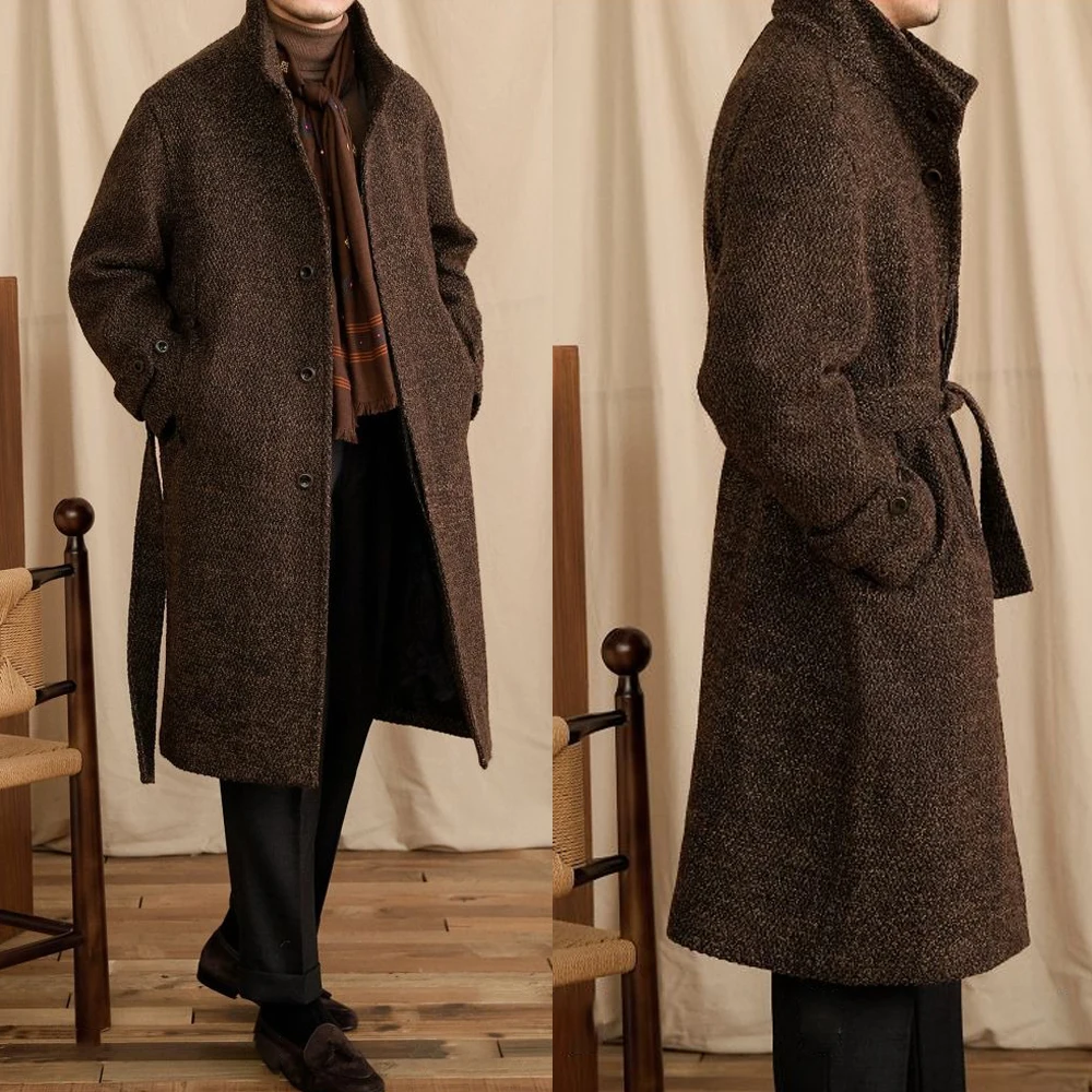 Wool Blend Coat Men Over Jacket with Belt Herringbone Pattern Double Breasted Overcoat Plus Size Warm Formal Business Customized