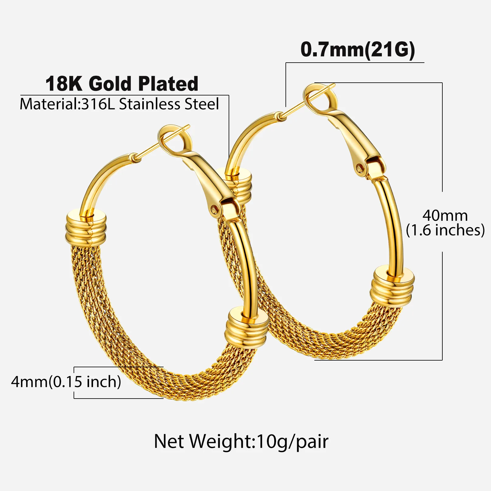 ChainsPro Hoop Earrings For Women Gold Color Black Mesh Hoops 316L Stainless Steel Earring Fashion Jewelry E036