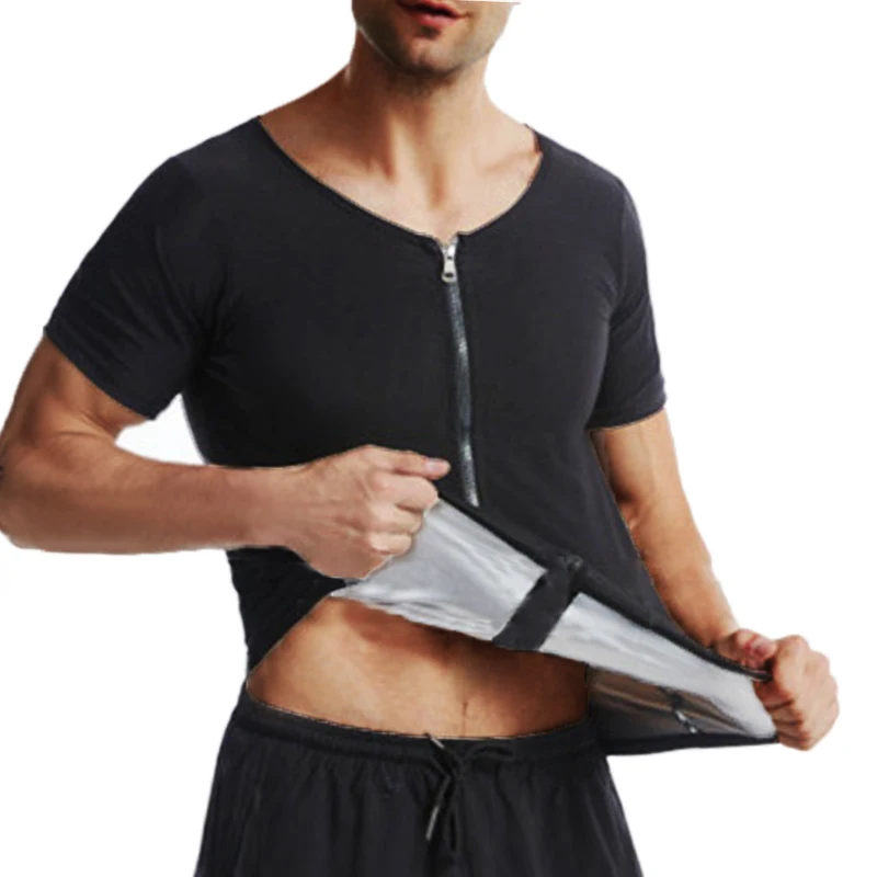 MrifDila 5 Times Sweat Corset Weight Loss Heat Trapping Suit Exercise Workout Body Shaper Zipper Sauna Jacket Men's Short Sleeve