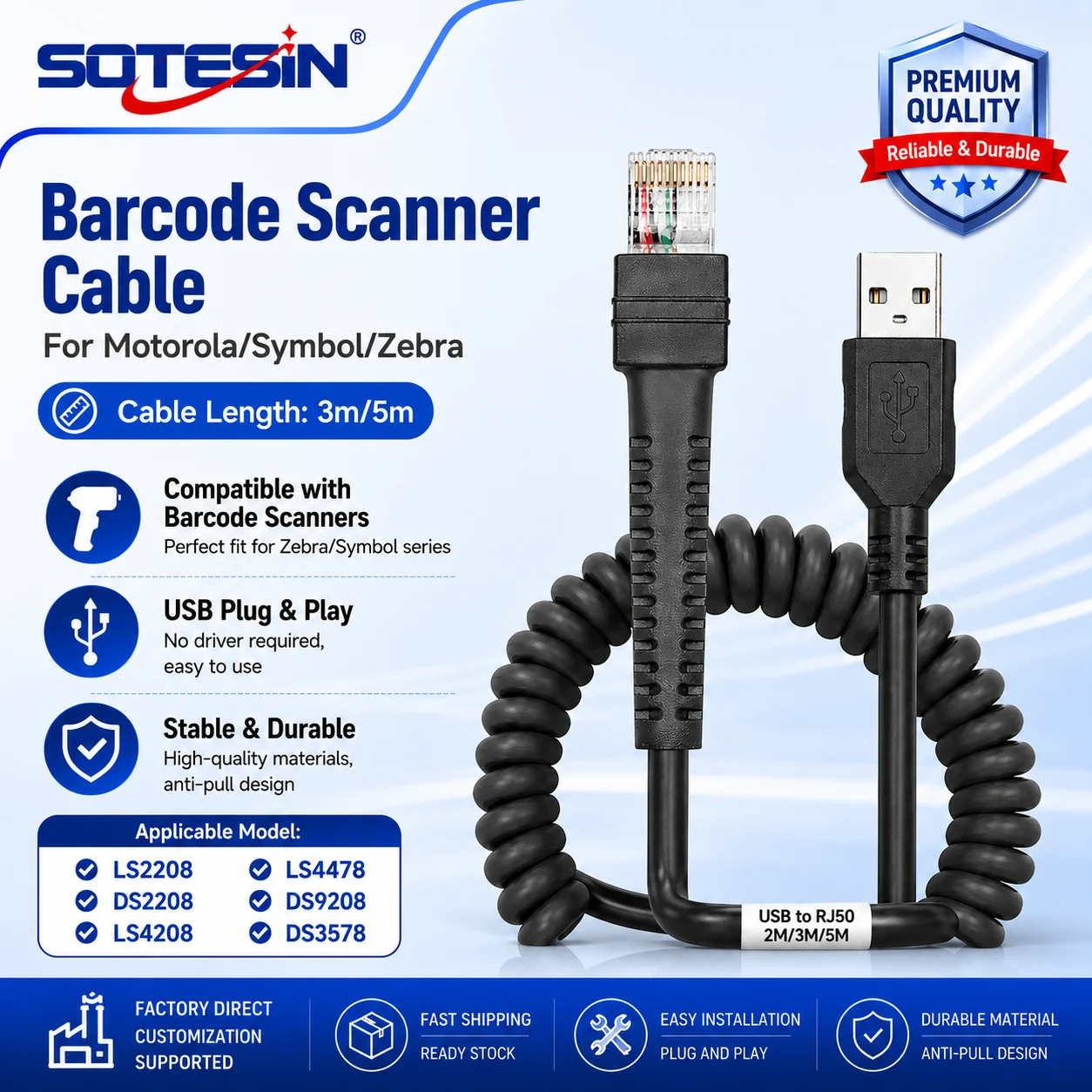 Cable USB de 3m para Escáner de Código de Barras Zebra Symbol 2208 DS3408 DS4208 3578, Cable de Datos USB en Espiral