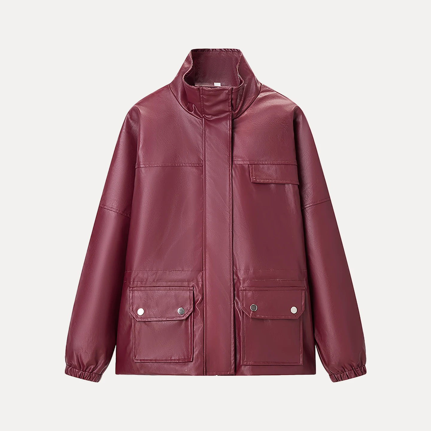 Jaqueta de Couro Casual Fena da Moda Outono 2025 Simples Versátil Moderna com Zíper Manga Longa Gola Alta