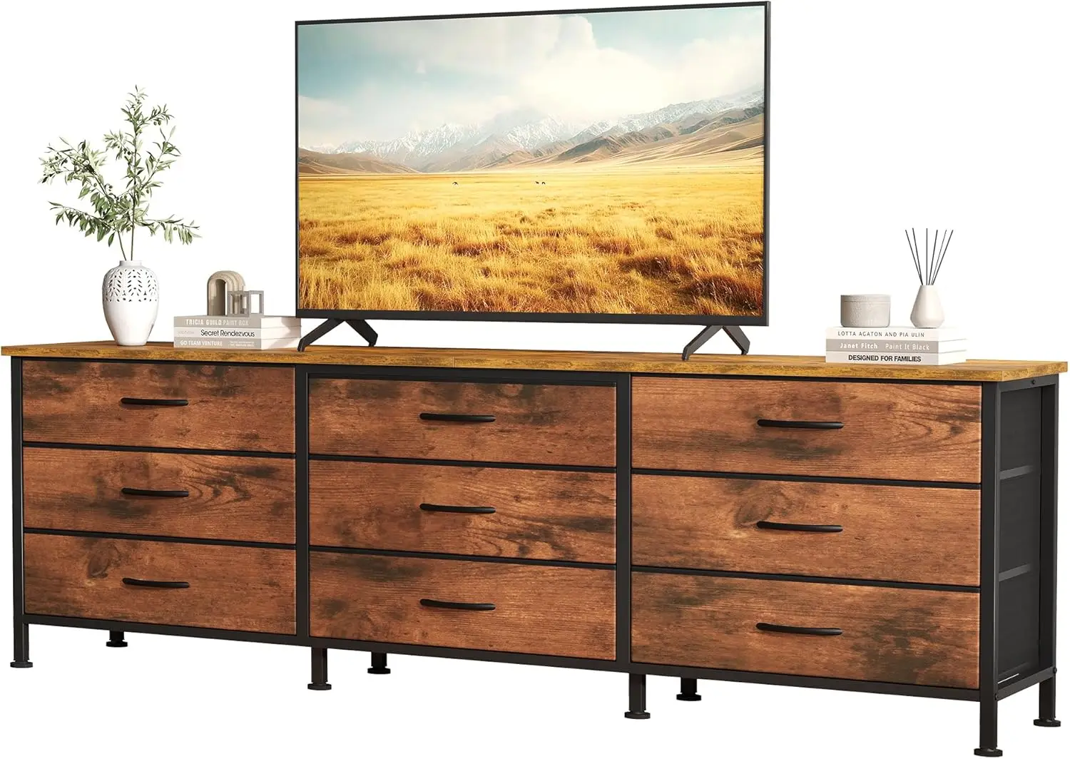 Long TV Stand with 9 Fabric Drawers, Adjustable Feet for Living Room or Bedroom, Fits Up to 75 Inch Screens