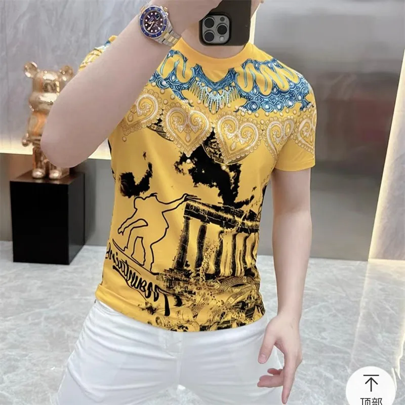 Luxury Printed Ice Silk T-shirt for Men Summer Round Neck Slim Fit Casual T-shirts Social Business Street Wear Tshirts M-4XL