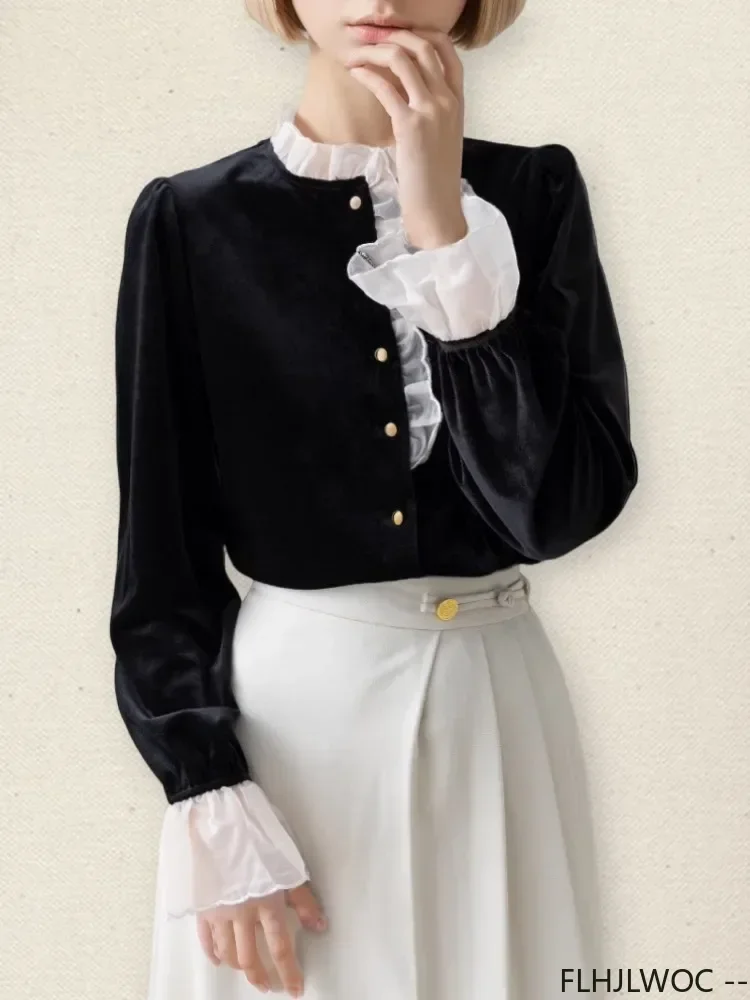 Black Velvet Women\'s  Autumn Winter 2024 New European White Collar Vintage Retro Long Sleeve Basic Shirts Stand Ruffles Tops