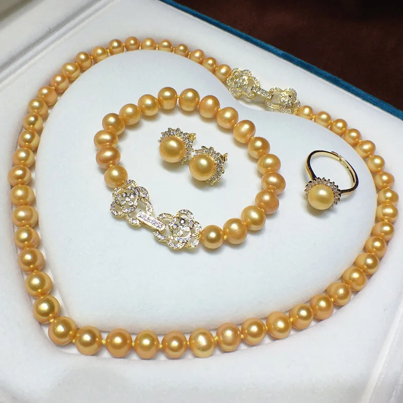 

one set freshwater pearl yellow round 8-9mm necklace/ring/earrings/bracelet/pendant FPPJ wholesale