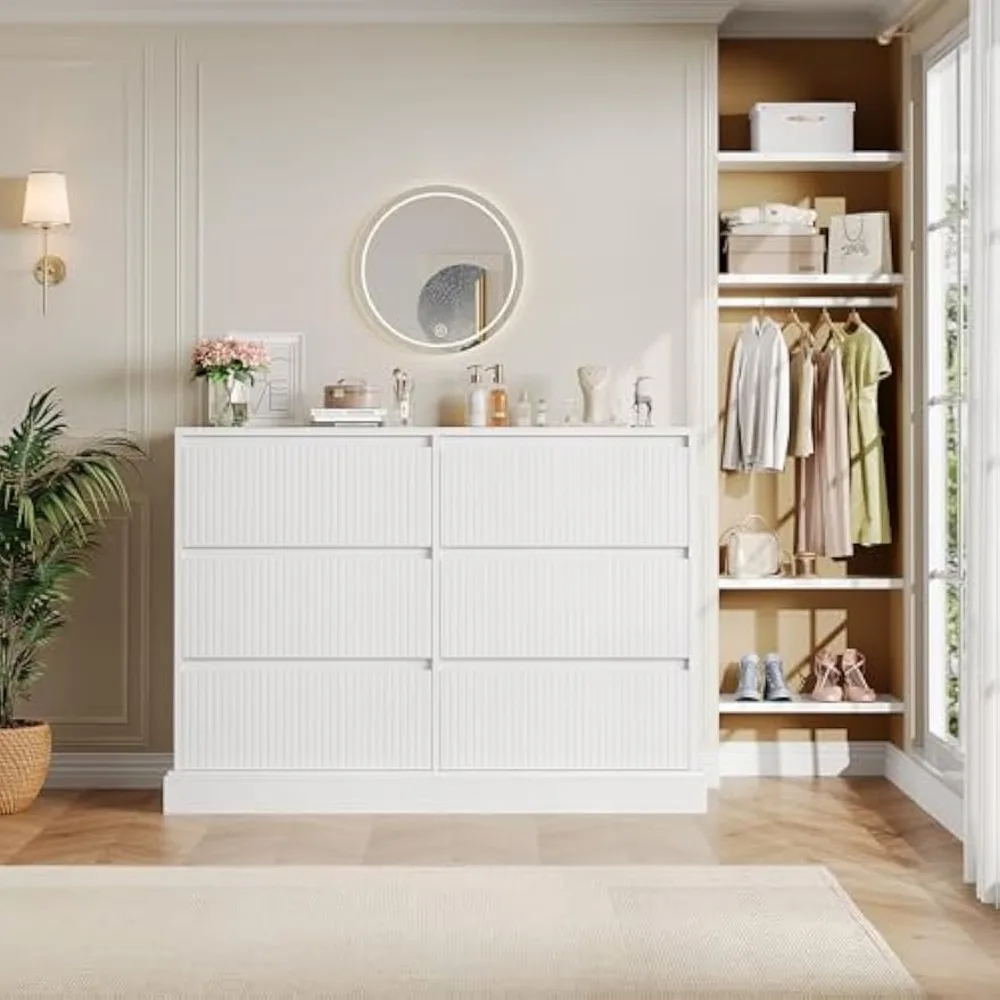 Double Chest of Drawers with Wavy Pattern | Handleless Drawers, Wood Storag，White Dresser for Bedroom, Modern 6 Drawer Dresser