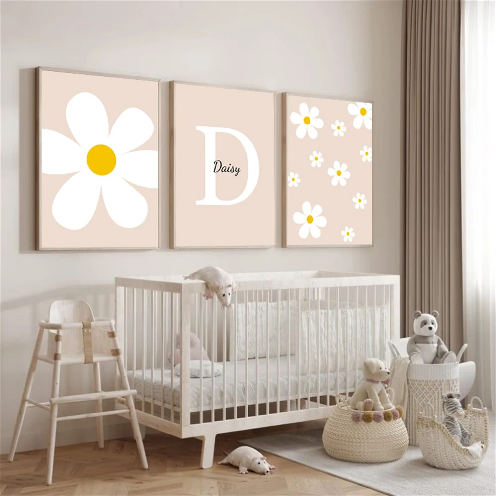 Warm Beige Floral Canvas Poster Custom Name Wall Art Painting White Daisy Prints Nursery Wall Pictures for Kids Girls Room Decor