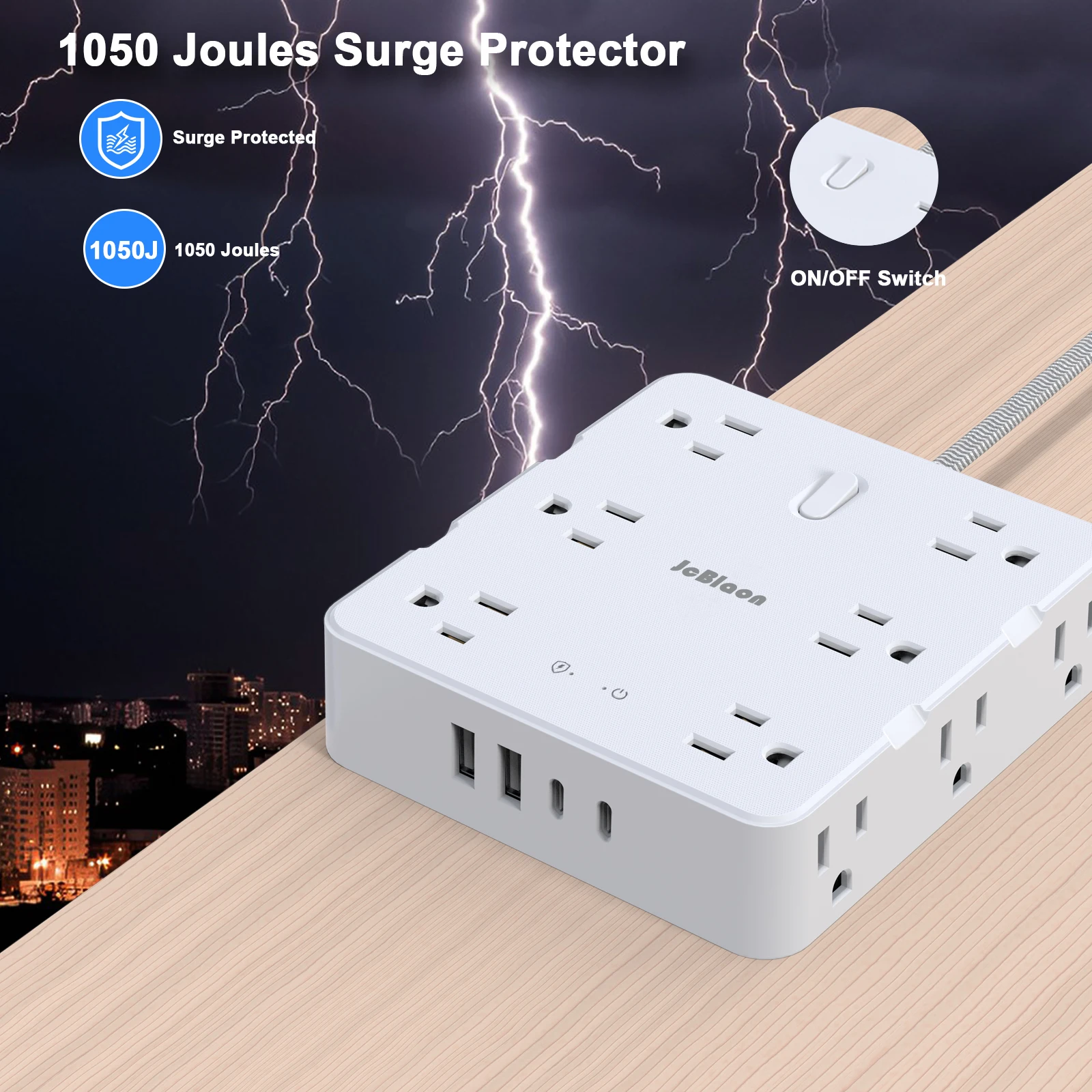 Multi Tap Power Strip US Plug - 12 AC Outlets 4 USB Ports 5ft Extension Cord Electrical Socket Network Filter for Home Office