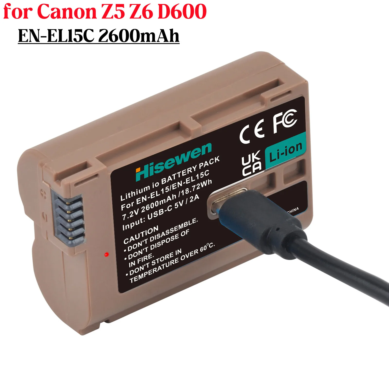 2600mAh EN-EL15C EL15 EL15a EL15b Li-ion Battery with Type-C Charging Port for Nikon ZR Zf Z8 Z7II Z7 Z6 III Z6 II Z5 D500 D600