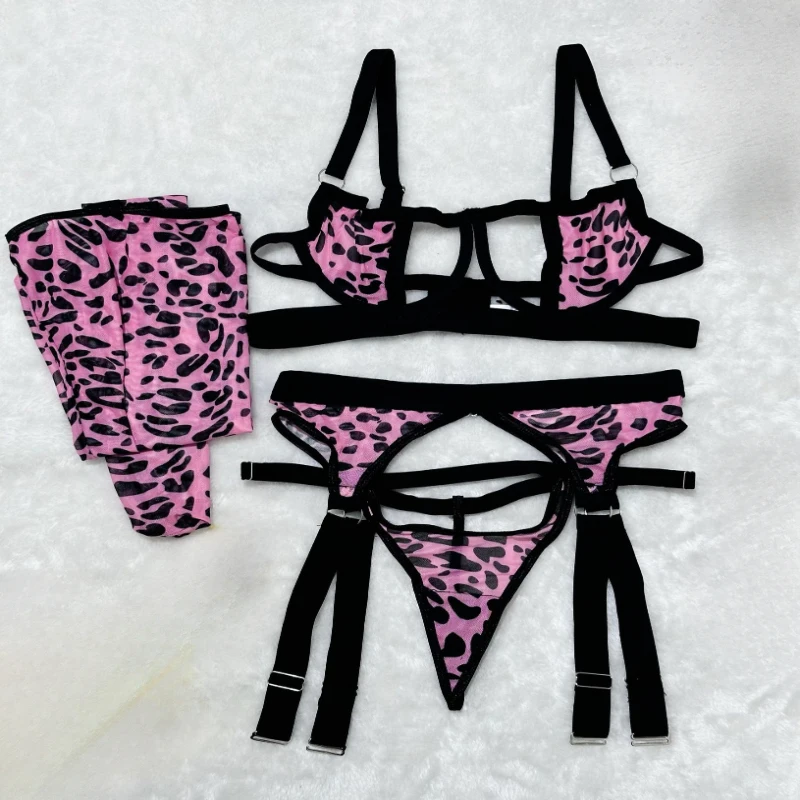 

Wild leopard print mesh hollow-out sexy lingerie four-piece set with long stockings