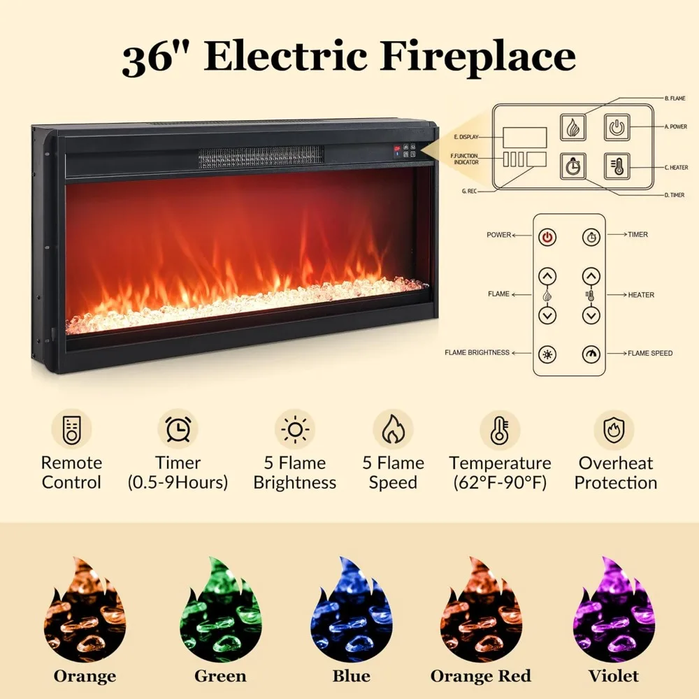 Modern 80 TV Stand with Built-in 36 Electric Fireplace, Wood Media Console for Entertainment