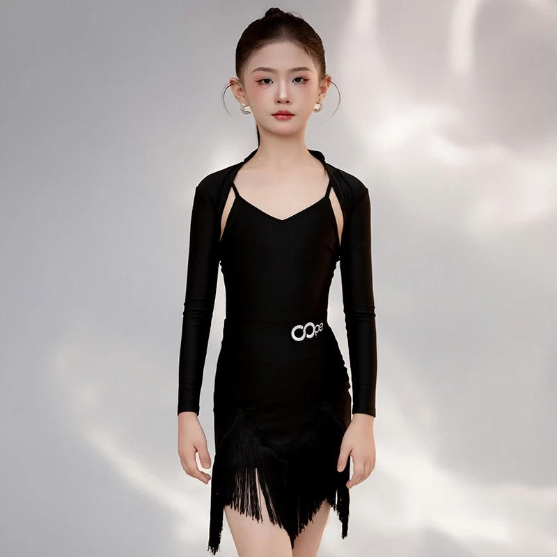 

Детские комплекты одежды для латинских танцев, черное тренировочное платье с длинными рукавами, тренировочная одежда для девочек, платье с бахромой для чача-самбы BL17319